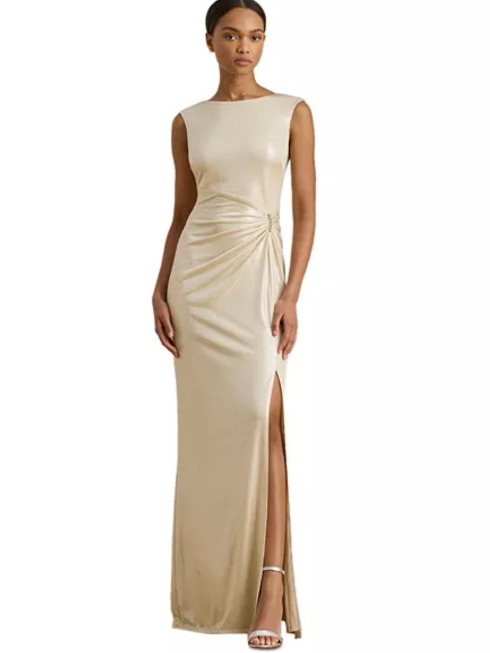 Ralph Lauren Champagne Satin Side-Ruched Evening‎ Gown with Thigh Slit NWOT 6